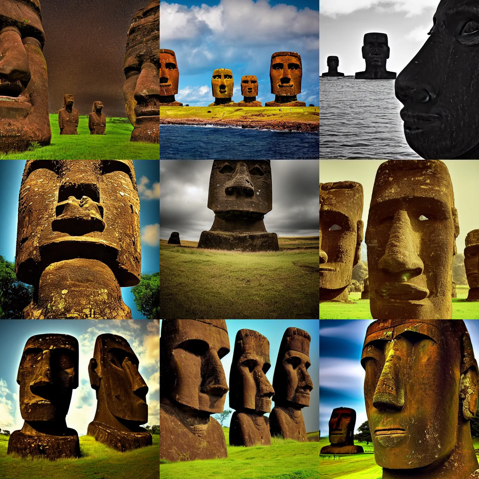 Prompt: moai flying through cyberspace, award winning photo, high detail, tranquil, atmospheric, 8k