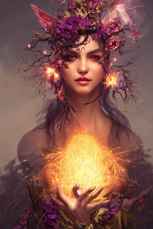 Image similar to face closeup of beautiful girl necromancer, witch - doctor exploding into flowers, angels, 3 d render, hyper - realistic detailed portrait, holding fire and electricity, forest, wings, leaves and magic, ruan jia, wlop. scifi, fantasy, magic the gathering, hyper detailed, octane render, concept art, peter mohrbacher