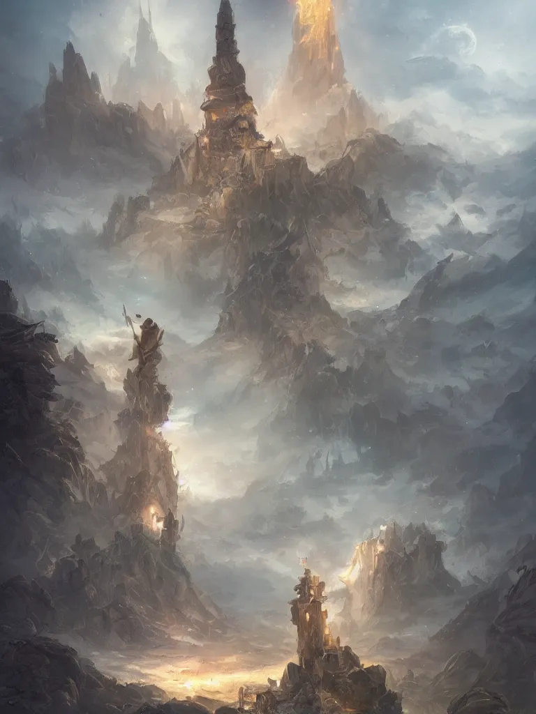 Image similar to a fantasy tower in a dune sea filled with ruins by Peter Mohrbacher, blue fireball, moody lighting, tarot card