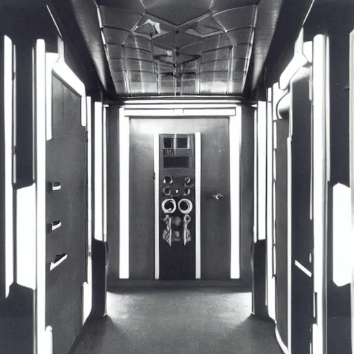 Image similar to Tardis console room, Art Deco style, by stanley kubrick, shot by 35mm film color photography