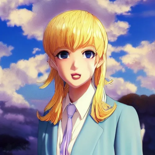 Image similar to blonde - haired princess, anime princess, wearing blue suit, golden hour, partly cloudy sky, sepia sun, strong lighting, strong shadows, vivid hues, ultra - realistic, sharp details, subsurface scattering, intricate details, hd anime, 2 0 1 9 anime