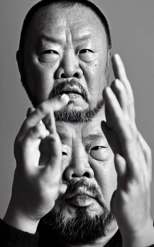 Image similar to Photography Portrait of Ai Wei wei looking angry into the camera showing his middle finger, blue soft light, 50 mm