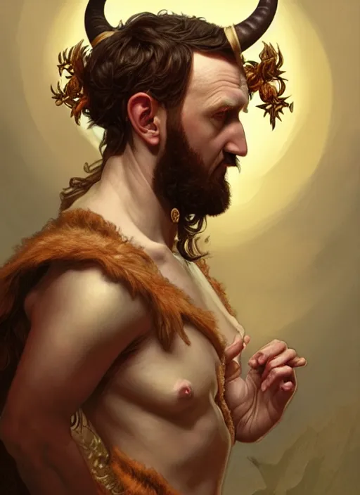 Image similar to portrait of alex horne as a satyr, d & d, fantasy, intricate, elegant, highly detailed, digital painting, artstation, concept art, smooth, sharp focus, illustration, art by artgerm and greg rutkowski and alphonse mucha