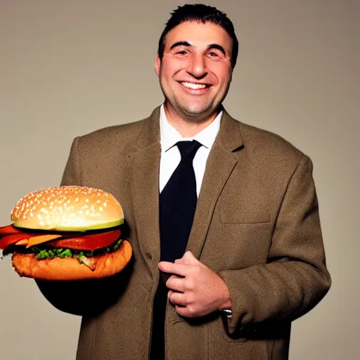 Image similar to clean - shaven smiling white chubby italian american man in his 4 0 s wearing a brown long overcoat and necktie holding a giant burger, 2 0 0 0 avertising promo shot, studio lighting