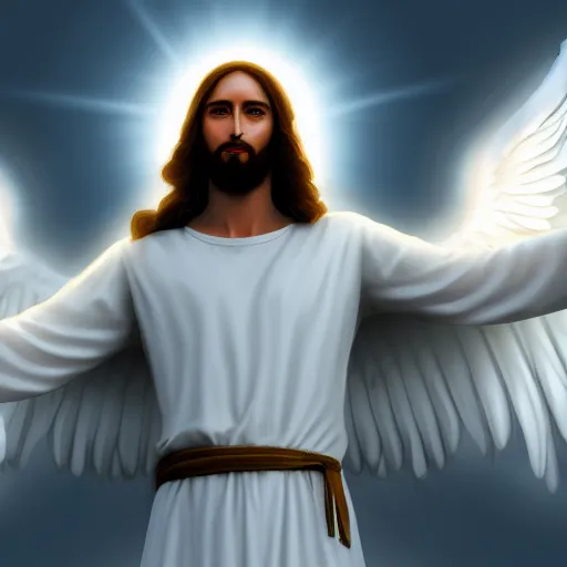 Image similar to Jesus Christ with white wings, dynamic lighting, +++ dynamic pose, high resolution, powerful, halo, 8k