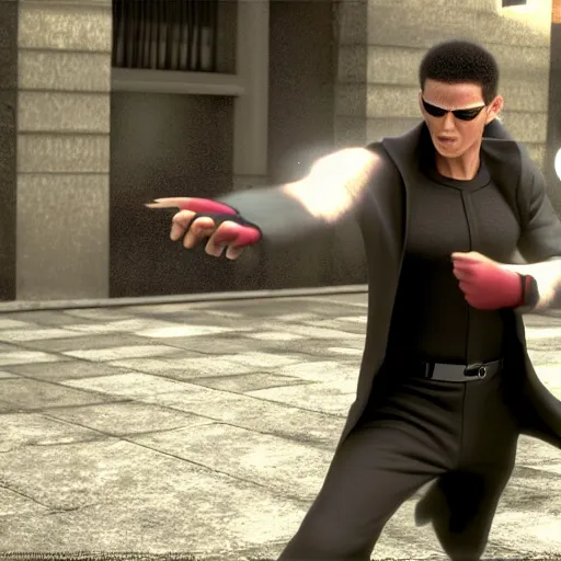 Image similar to a far shot photo of neo in the matrix fighting super mario, 8k, DSLR, highly detailed skin, highly detailed hands