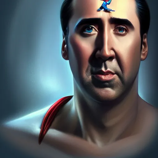 Image similar to upper body portrait of nicolas cage as superman, intricate, elegant, highly detailed, digital painting, artstation, concept art, smooth, sharp focus, illustration, art by artgerm and greg rutkowski and alphonse mucha, award winning, 8 k