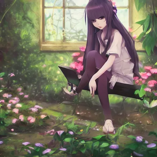 Image similar to advanced digital art. A beautiful girl is sitting on a bench reading in an abandoned train station that is overgrown with vines and flowers, Digital Anime pastel painting, Sakimichan, WLOP, RossDraws, pixivs, Makoto Shinkai. —H 2160