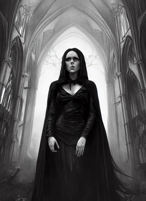 Prompt: ellen page as vampira in a gothic cathedral witching hour, cinematic, heavenly, volumetric light highly detailed, digital painting, artstation, concept art, smooth, sharp focus, epic illustration, unreal engine 5, 8 k illustration by bouguereau and greg rutkowski and edgar maxence