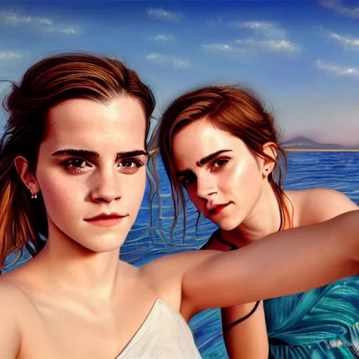 Image similar to beautiful serene intricate portrait of emma watson and emma watson taking a selfie, relaxing on the beach, golden hour, soft focus, 8 k, art by irakli nadar, hyperrealism, hyperdetailed, ultra realistic