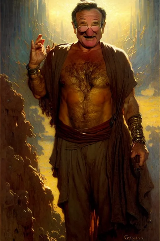 Image similar to robin williams the philosopher by gaston bussiere, bayard wu, greg rutkowski, giger, maxim verehin