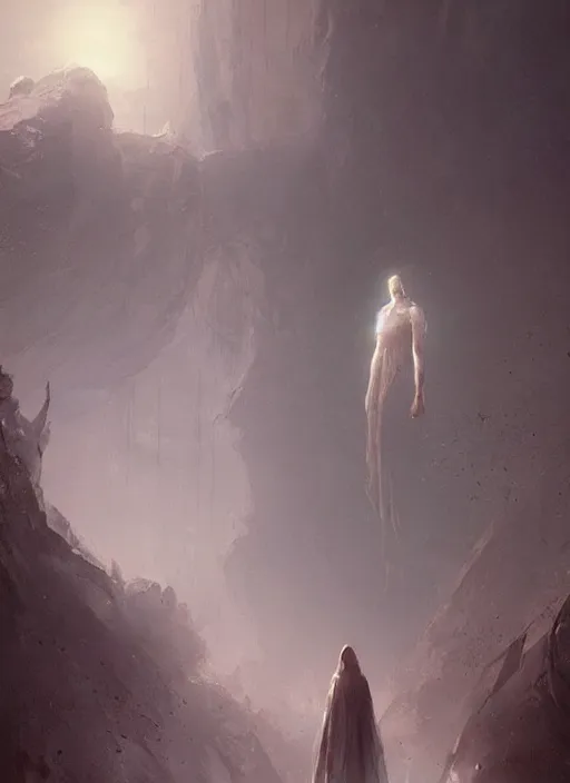 Image similar to a beautiful terrifying pale humanoid giant looms over a tiny human. ethereal fantasy art by greg rutkowski