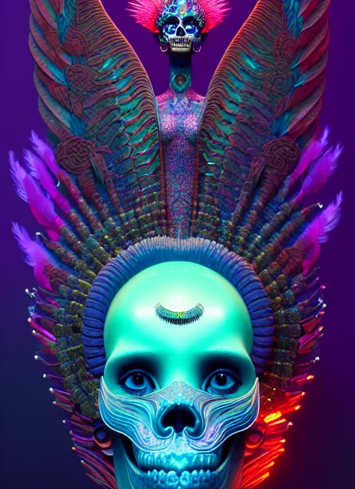 Prompt: 3 d goddess portrait, micro details global illumiantion beautiful intricate highly detailed quetzalcoatl skull and feathers. bioluminescent, plasma, lava, ice, water, wind, creature, thunderstorm! artwork by tooth wu and wlop and beeple and greg rutkowski, 8 k trending on artstation,