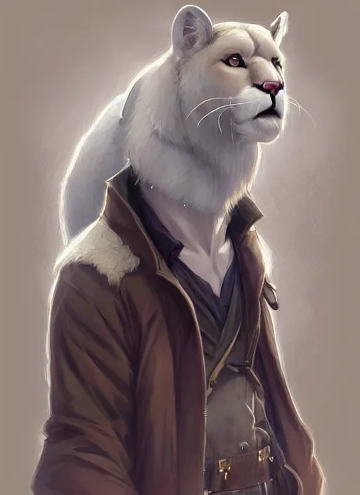 Image similar to beautiful portrait commission of a male furry anthro albino mountain lion wearing year 1915 miner's clothes. Atmospheric. Character design by charlie bowater, ross tran, artgerm, and makoto shinkai, detailed, inked, western comic book art