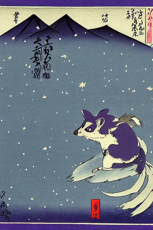 Prompt: purple raccoon in the stars in the style of Utagawa Hiroshige