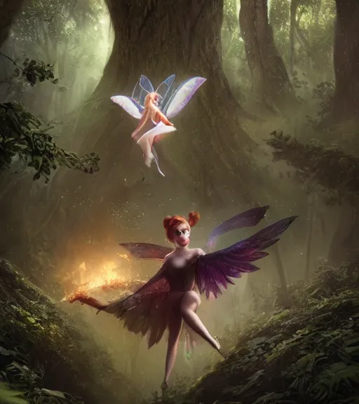 Image similar to demonic tinker bell flying in an enchanted forest, flawless symmetrical pretty cute face, greg rutkowski, 8 k, shallow depth of field, intricate detail, concept art,