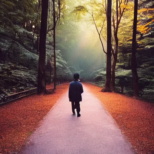 Image similar to 1 9 9 0 s candid 3 5 mm photo of a beautiful forest in tokyo, cinematic lighting, cinematic look, golden hour, the clouds are epic and colorful with cinematic rays of light, a man walks down the center of the forest with a beanie on, photographed by petra collins, uhd