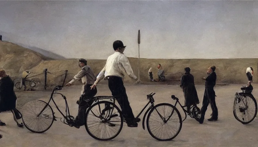 Prompt: painting by borremans, scene with bicycle on theatre, detailed, stunning