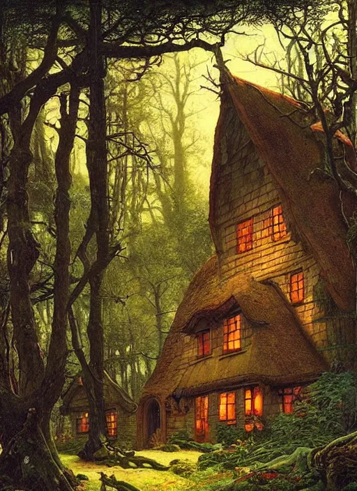 Image similar to hyper realistic homely witch cottage rococo in the woods gorgeous lighting, highly detailed, lush forest painting by norman rockwell, james gurney zdzisław beksinski and norman rockwell and greg rutkowskiweta studio