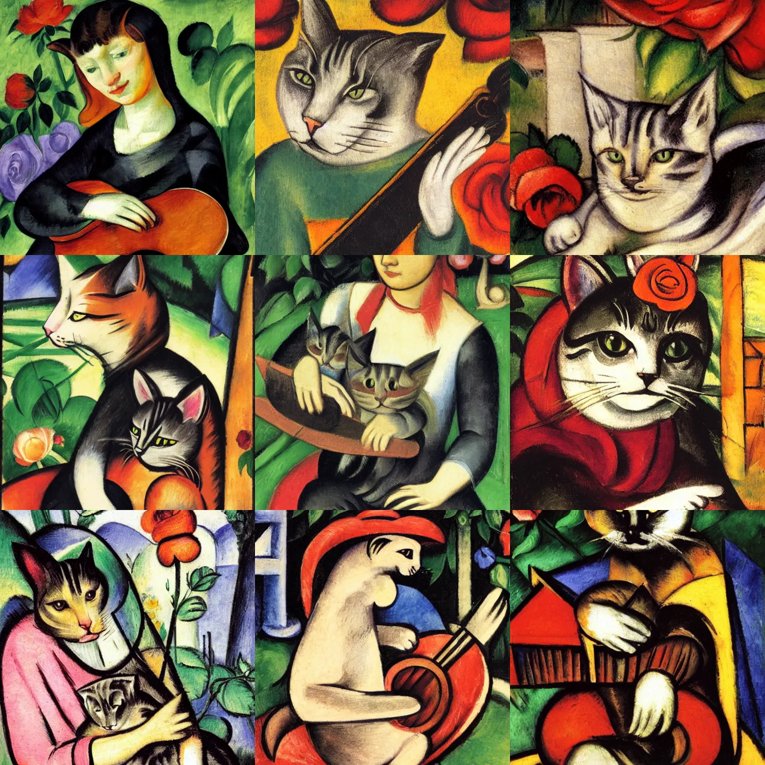 Prompt: cat with lute, sitting in the rose garden, medieval portrait, by franz marc, close up