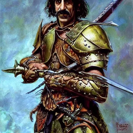 Prompt: portrait of frank zappa wearing armor and holding sword by frank fazetta, fantasy, barbarian