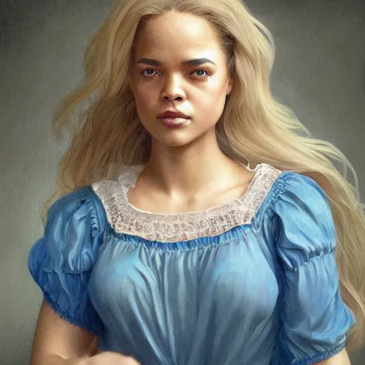 Prompt: full figure ultra realistic illustration, tessa thompson wearing a maiden blue dress, blonde flowy hair, old west, intricate, elegant, highly detailed, digital painting, artstation, concept art, smooth, sharp focus, illustration, art by artgerm and greg rutkowski and alphonse mucha