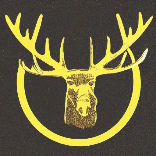 Prompt: a simple yellow moose logo, looking to the side, maple leaf antlers, black background, logo