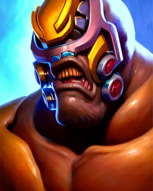 Image similar to doomfist from overwatch, elegant, confident, smug, ripped, buff, strong, colorful, fantasy, fantasy art, character portrait, portrait, close up, highly detailed, intricate detail, amazing detail, sharp focus, vintage fantasy art, vintage sci - fi art, radiant light, caustics, by boris vallejo