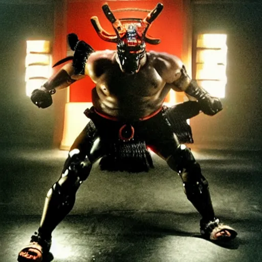 Image similar to very big very muscular very buff very strong samurai, wearing a cybernetic oni mask. The mask is cybernetic. Movie still