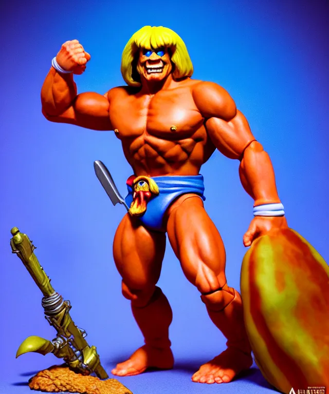 Image similar to hyperrealistic rendering, he - man by art of skinner and richard corben and jeff easley, product photography, action figure, sofubi, studio lighting, colored gels