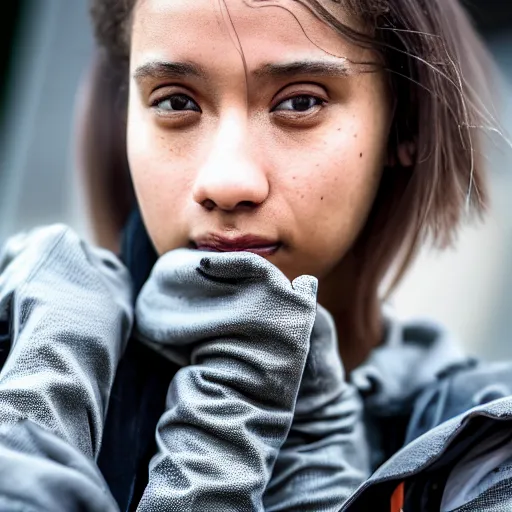 Prompt: candid photographic portrait of a poor techwear mixed young woman outside a brutalist future corporate office, closeup, sigma 85mm f/1.4, 4k, depth of field, high resolution, 4k, 8k, hd, full color