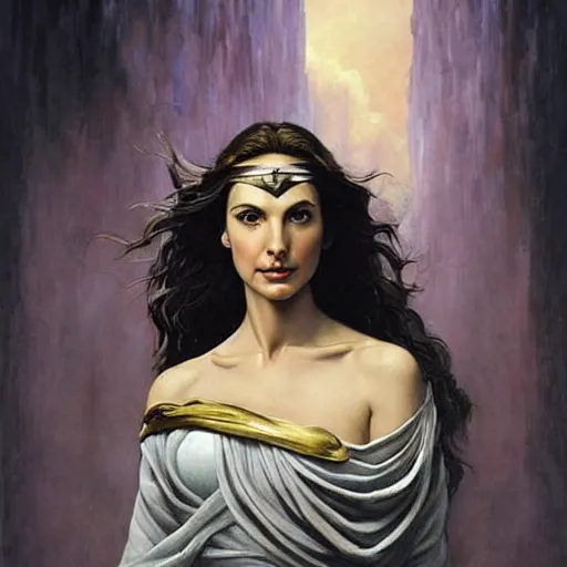 Image similar to Full body oil painting of the beautiful woman Gal Gadot, she is wearing a peplos and a surreal ornate, her hair is natural disheveled, she is approaching heaven over the clouds, naturalism, dramatic lighting, high-detailed oil painting by Ilya Repin, Michelangelo da Caravaggio, William Blake, Alex Grey and Beksinski, trending on Artsation, hystorical painting, naturalism, masterpiece, 4k, 8k,