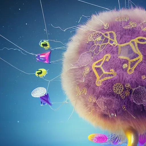 Image similar to tiny kite festival, floating, rbc, bunny, radiolaria, protophyta, micro - organisms, center frame, symmetric, rim light, marine microbiology, bioluminescence, electric, fur, soft, concept art, intricate details, highly detailed, colorful, photorealistic, disney pixar, octane render, iridescent, anime, 8 k