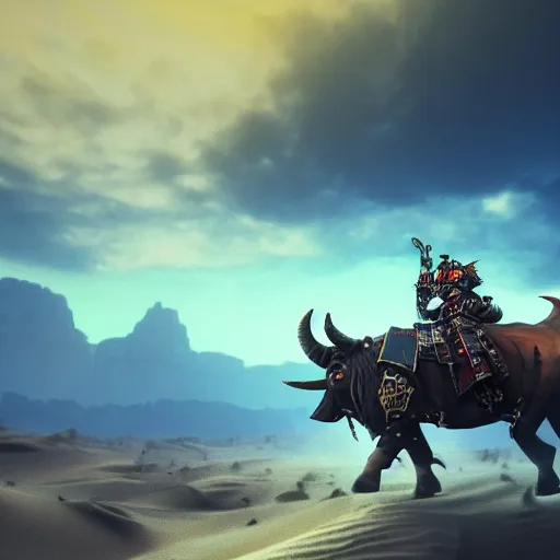 Prompt: warhammer 40k, closeup of a cowboy riding a giant blue bull in the desert, atmospheric, dramatic sky, digital art, illustration, fine details, cinematic, highly detailed, octane render, unreal engine, concept art, artstation