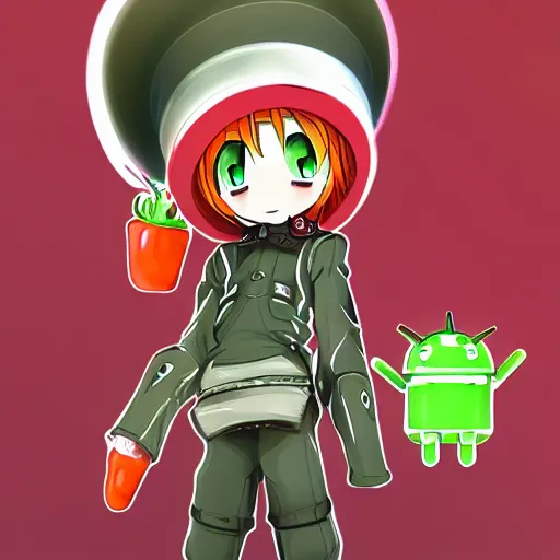 Prompt: cute android humanoid with big tomato hat and a carrot sword, made in abyss style