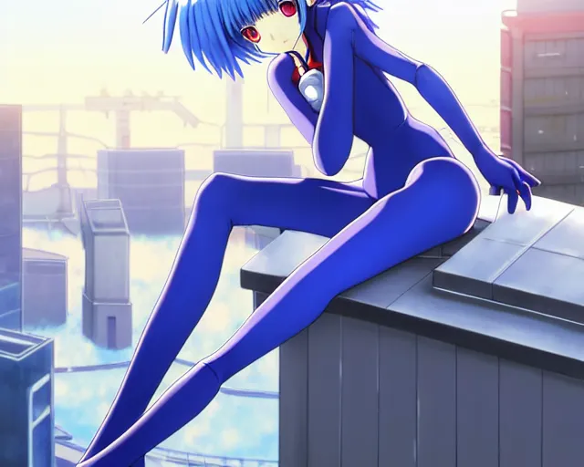 Prompt: anime art, fullbody shot of female rei ayanami, evangelion, long blue hair and large eyes, finely detailed perfect face, in a pale skintight plugsuit, sitting on rooftop, flooded city, trending on pixiv fanbox, by ilya kuvshinov, sola digital arts,, raytracing