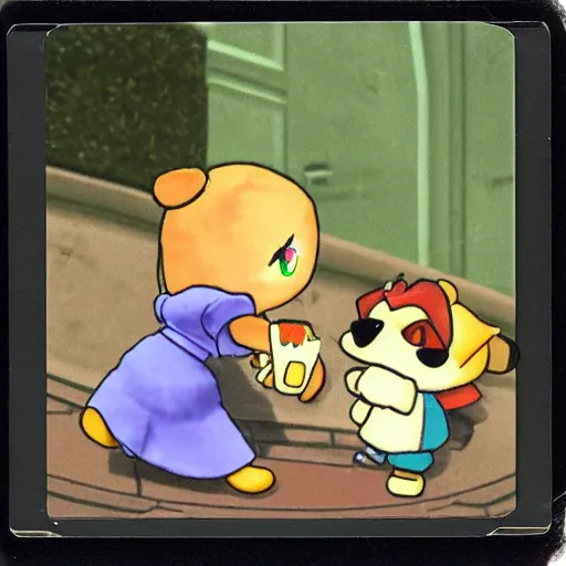 Image similar to doom guy and isabelle from animal crossing going on a date, polaroid photograph reel