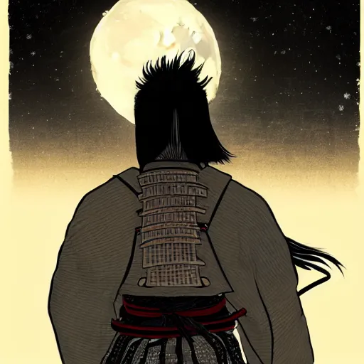 Image similar to A PORTRAIT FROM BEHIND OF A SAMURAI MAN VAGABOND WITH A MOON BEHIND HIM ,THE SAMURAI IS WRAPPED IN CHAINS ,detailed, concept art, ink style , sketch