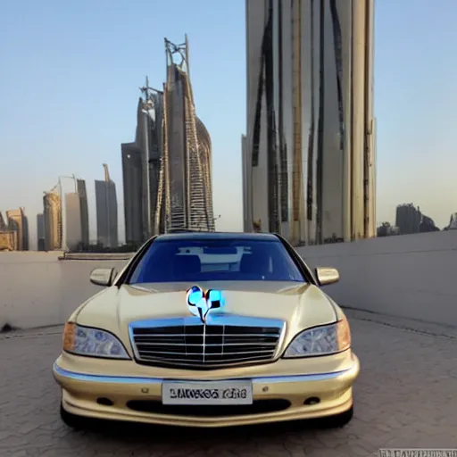 Image similar to gold Mercedes-Benz s500 long in the body 220 (w220) 2002 old year is on the roof of a high-rise building in abu dhabi