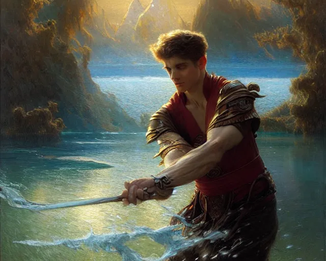 Image similar to attractive male wizard casting powerful tsunami wave spell in a beautiful lake. highly detailed painting by gaston bussiere, craig mullins, j. c. leyendecker 8 k