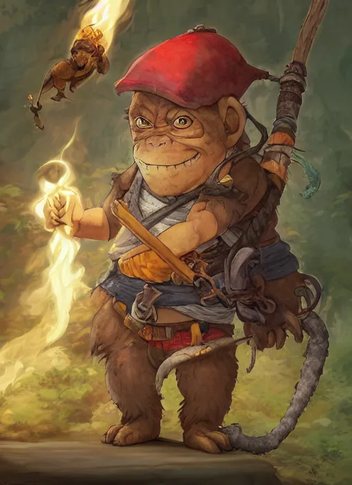 Prompt: studio ghibli pathfinder 2 e bestiary illustration of a goblin mixed with a monkey smoking a cigar, pirate themed, character portrait, unreal engine, hyper realism, realistic shading, cinematic composition, realistic render, octane render, detailed textures, photorealistic, wide shot