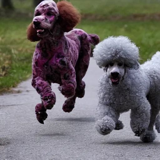 Prompt: French Poodle running towards zombies