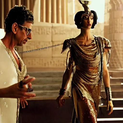 Prompt: jeff goldblum as cleopatra, cinematic, highly detained, movie still, vivid color,