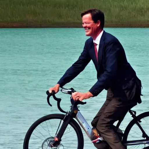 Prompt: mark rutte riding bicycle on water