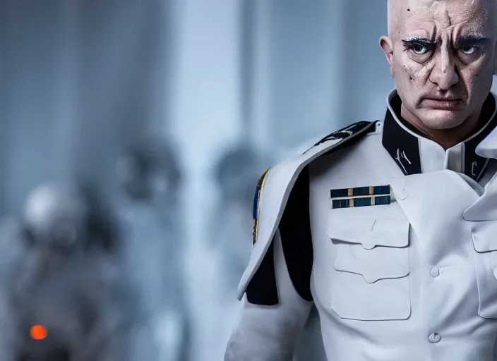 Image similar to menacing general wearing a white uniform, his skin is blue, ultra realistic, 4 k, movie still, uhd, sharp, detailed, cinematic, render, modern