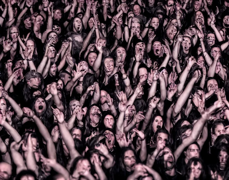 Prompt: extreme close-up photo of the audience at a heavy black metal concert having their faces melted off by heavy black metal music
