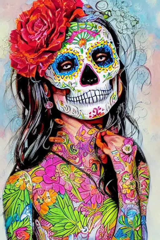 Image similar to Illustration of a sugar skull day of the dead girl, art by Robert Hagan