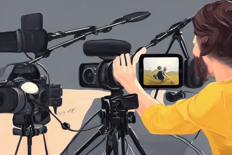 Image similar to a stunning illustration of a content creator recording a video with vlogging equipment, trending on artstation, oil on canvas, hd, 4 k