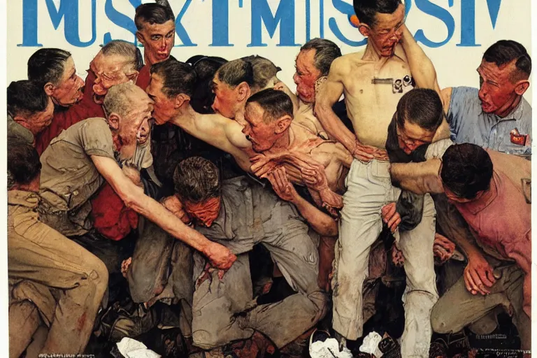 Image similar to a norman rockwell painting of a group of l - lgbt activists making a scene in front of a russian super - max prison