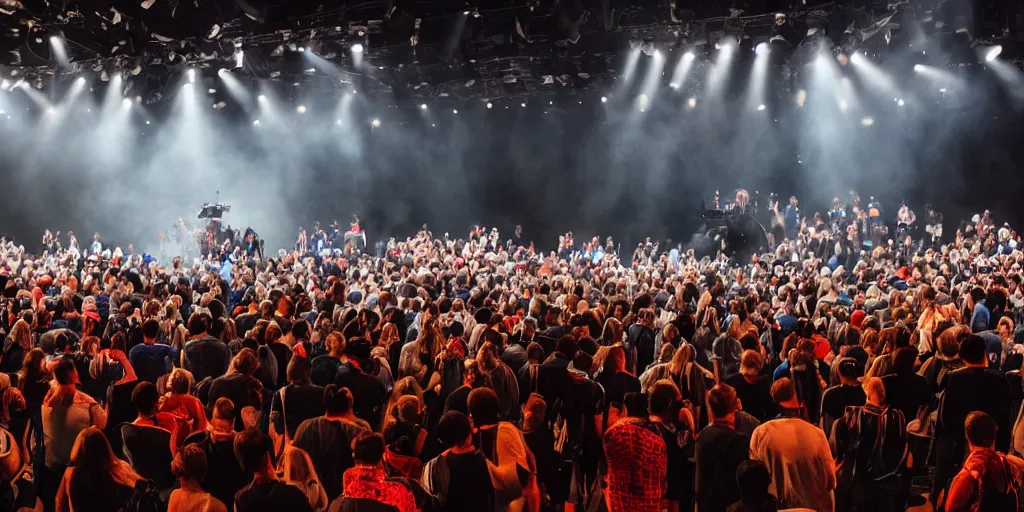 Image similar to groups of people in front of a stage, from behind, wide angle, smoke, highly detailed, beautiful lighting